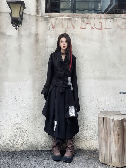 Black Punk Appliques Asymmetrical Layered Wide-Leg Pants