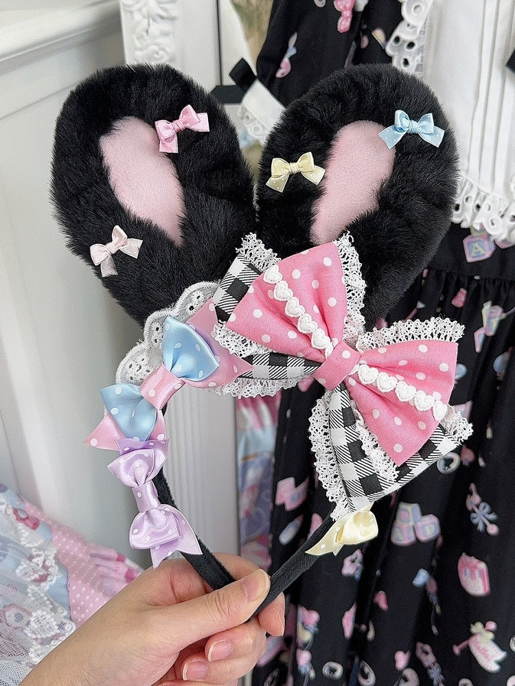 Black/Blue&Pink Polka-dot And Plaid Pattern Bowknot Details Thicken Version Plush Large Size Bunny Ear KC