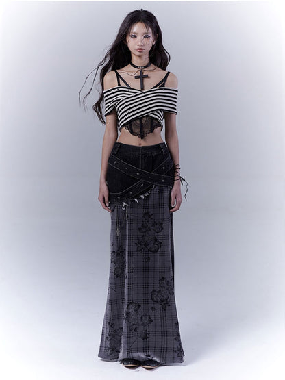 Black Low Waist Criss-cross Studded Strap Plaid Rose Mermaid Skirt