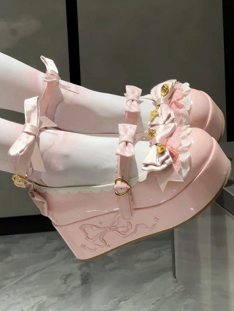 Pink Spoon Decorated Bowknot Details Sweet Lolita Platforms
