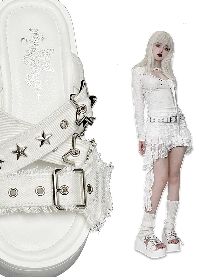 Star-shaped Buckles and Studs White Denim Punk Platform Slippers