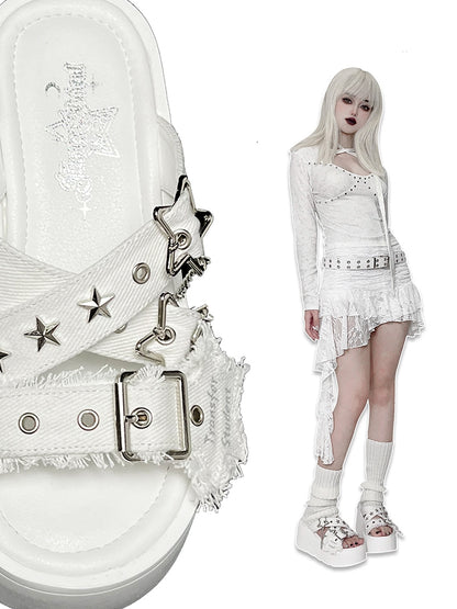 Star-shaped Buckles and Studs White Denim Punk Platform Slippers