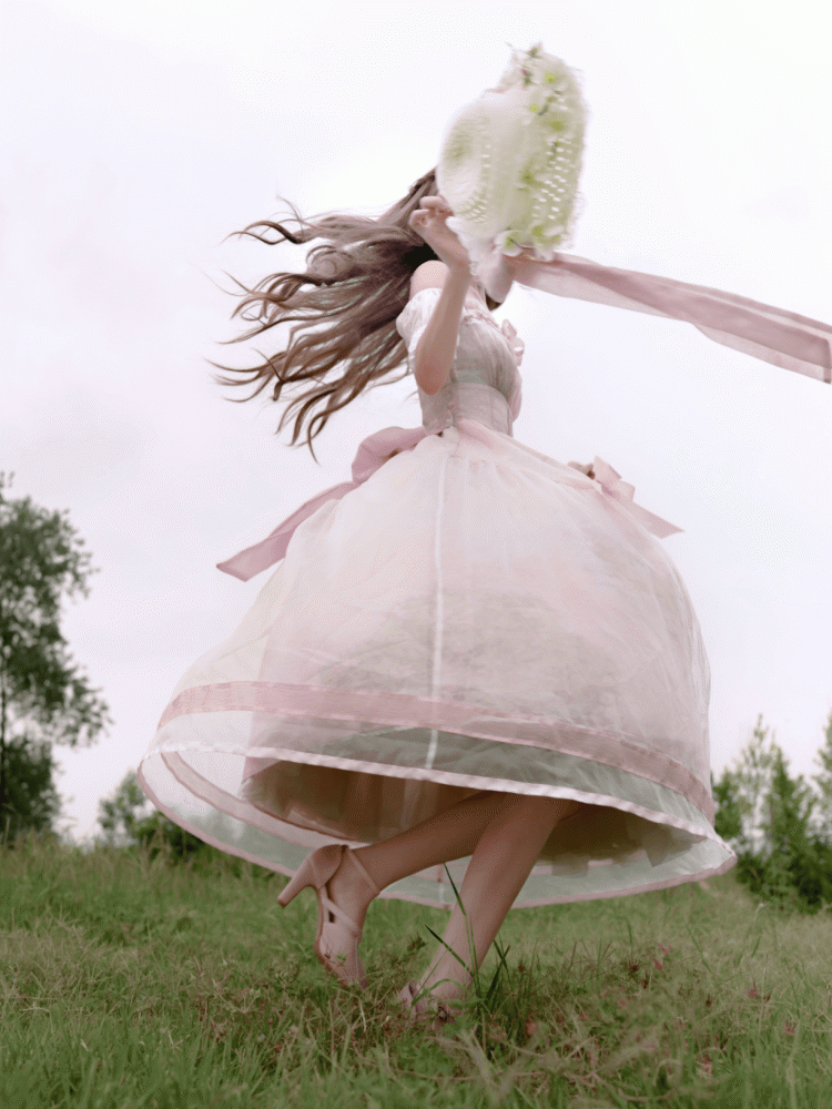 Oil Painting Water Lily Print Basque Waist Light Pink Dress with Organza Overlay