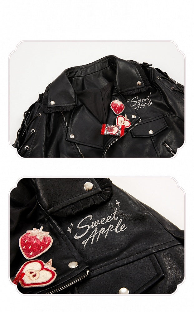 Black Letters Embroidery PU Jacket