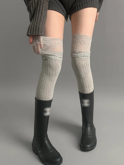 White/Black/Dark Gray/Beige/Light Gray Lace Trim Knitted Over-knee Stockings