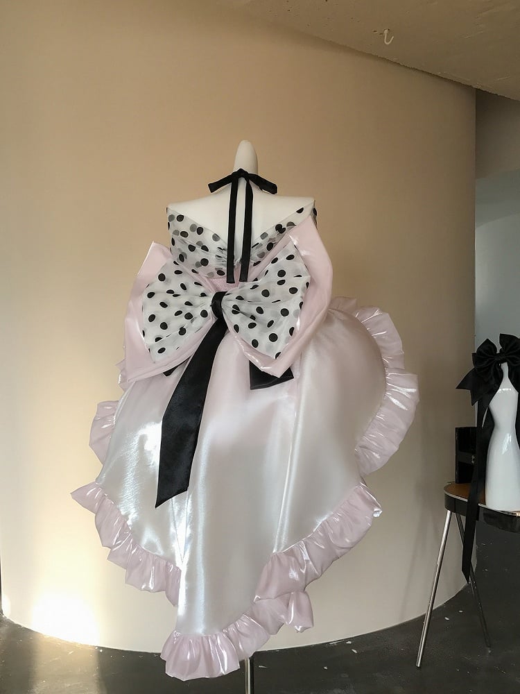 Pink Satin Sweet Lolita Dress with Polka Dot Off-the-Shoulder Detail and Large Bow
