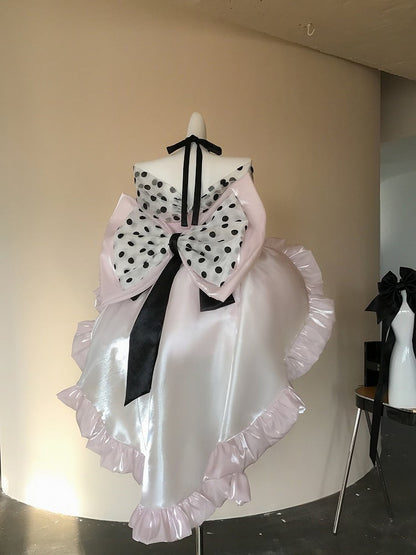 Pink Satin Sweet Lolita Dress with Polka Dot Off-the-Shoulder Detail and Large Bow