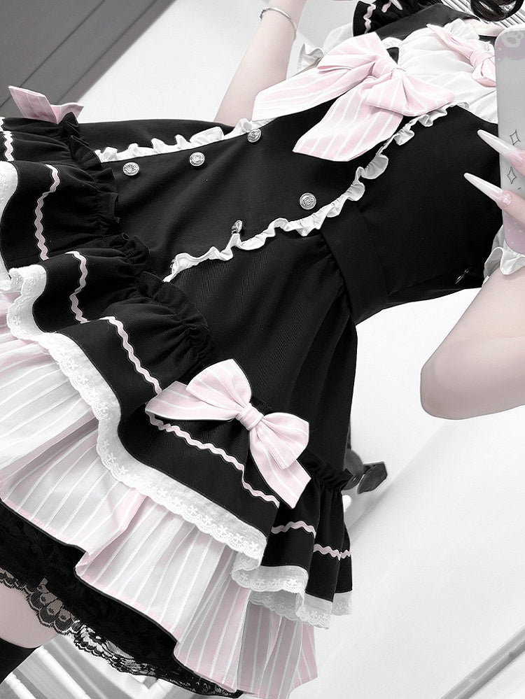 Kitty Ears Design Neckline Black and Pink Sweet Lolita One Piece with Detachable Bowknots