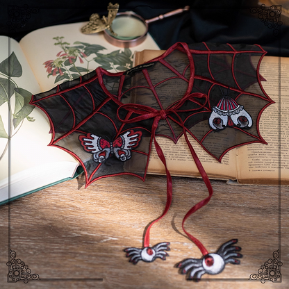 Black and Red Spider Web Embroidery Organza Fake Collar with Detachable Butterfly and Moth Brooch