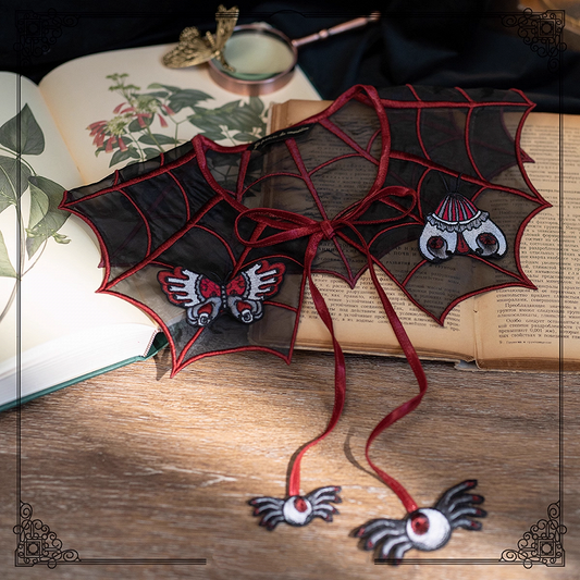Black and Red Spider Web Embroidery Organza Fake Collar with Detachable Butterfly and Moth Brooch