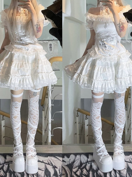 Lace Trim White Punk T-shirt Wings Decoration at Back