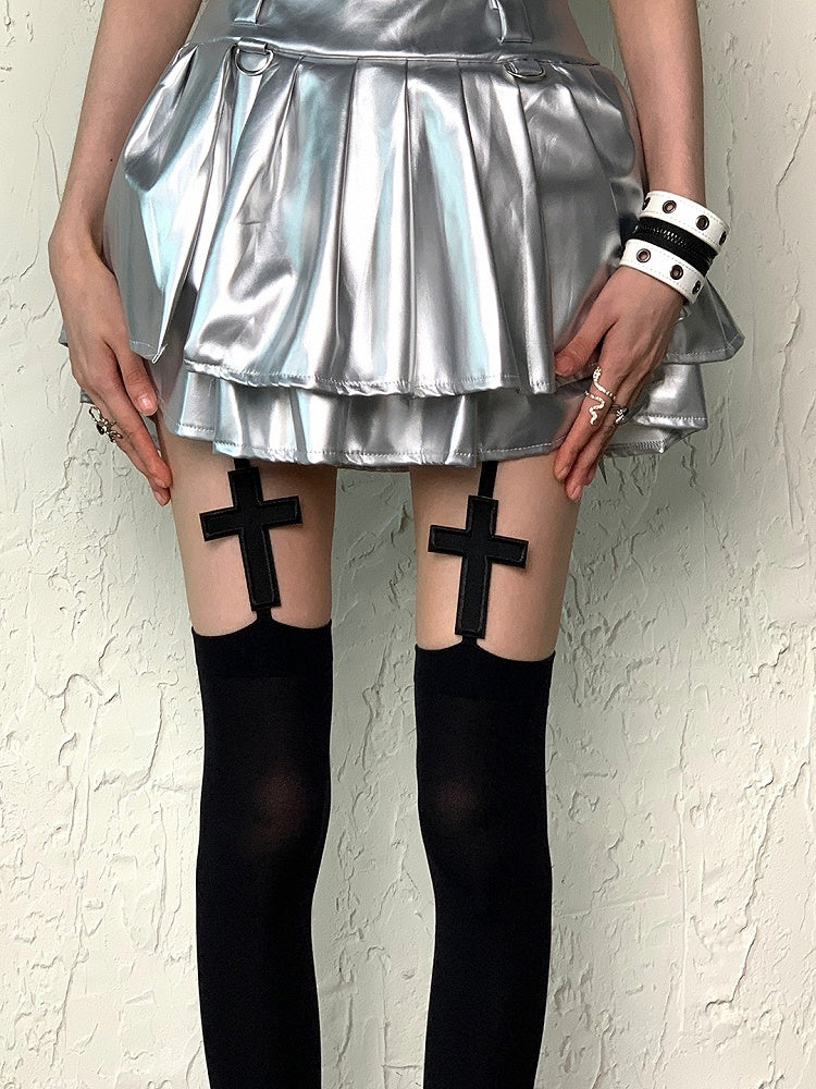 Black//White Y2K Cross Applique Suspender Stockings