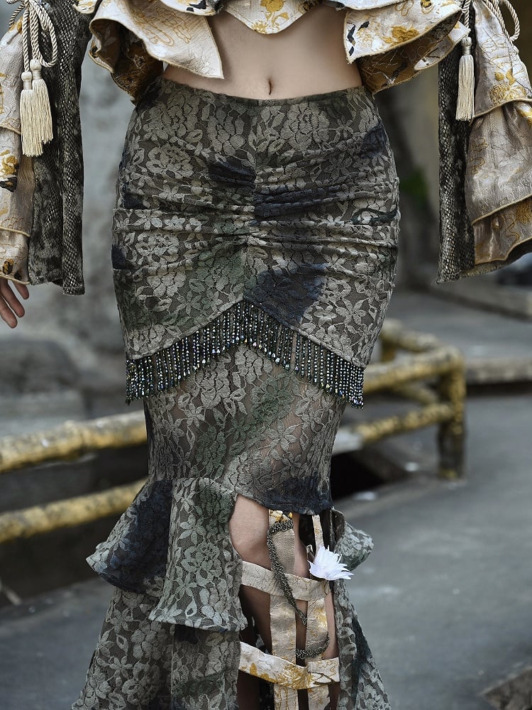 Dusty Green Tie Dye Pastel Goth Mermaid Skirt Flower Birdcage Hemline