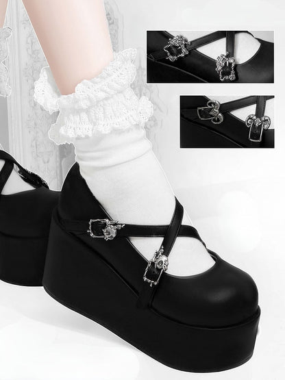 Black Gothic Crosscriss Design Platform Mary Janes With Detachable Buckles