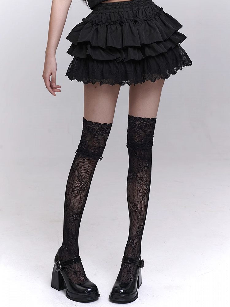 Black Elastic Waist Lace Trim Mini Tiered Skirt Bloomers Lining
