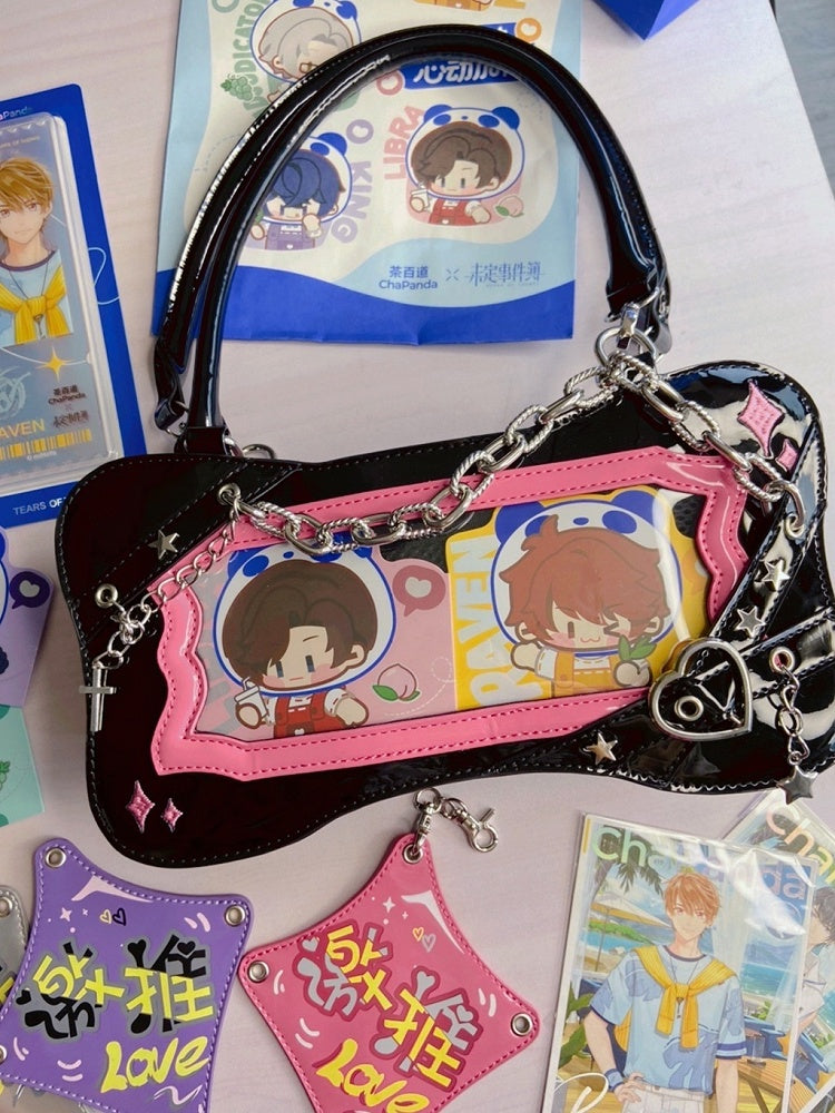 Black & Dark Pink Bone Shape Ita Shoulder Bag with Cross Charm Chain