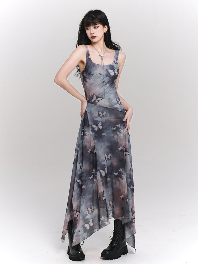 Blue & Purple Butterfly Print Asymmetrical Hem Sleeveless Dress