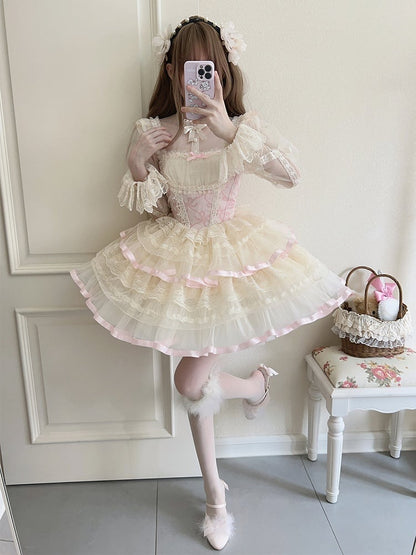 Pink Bows Print Basque Waist Balletcore Lolita Jumper Skirt