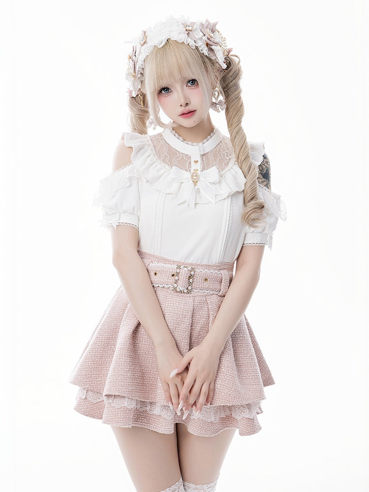 Jirai Kei White Illusion Neckline Cutout Shoulder Short Sleeve Blouse with Free Bowtie