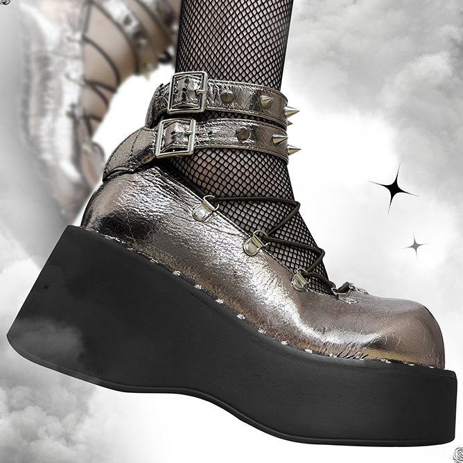 Front Lace-up Spike Stud Detailing Metallic Color Punk Lolita Platforms