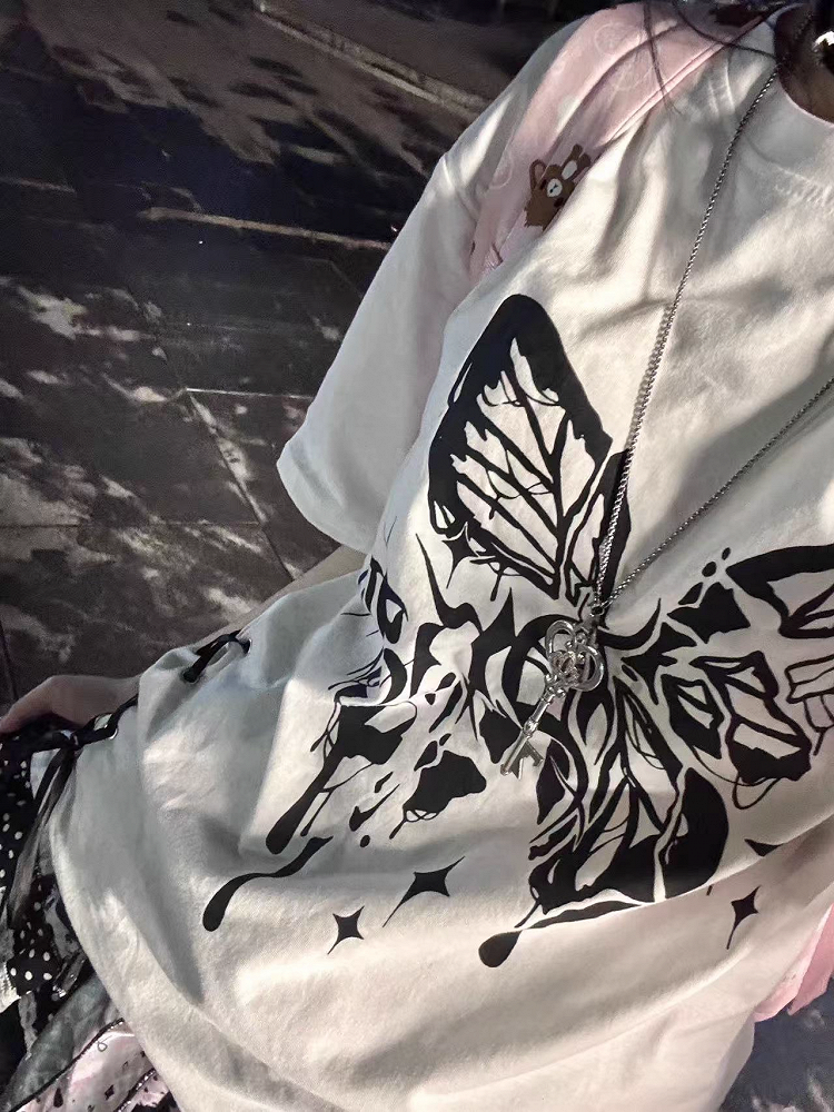 Broken Butterfly Print Lace-up Side Black/White Jirai Kei T-shirt