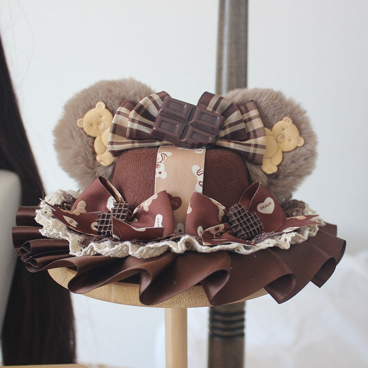 6 Color Options Chocolate Decorated Bowknot Details Plush Bear Ear Mini Hat