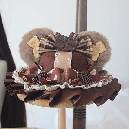 6 Color Options Chocolate Decorated Bowknot Details Plush Bear Ear Mini Hat