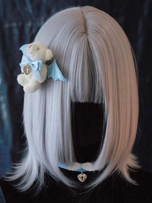 Handmade Bowknot White Teddy Hairclip with Blue Bat Wings