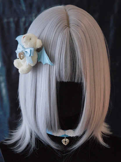 Handmade Bowknot White Teddy Hairclip with Blue Bat Wings