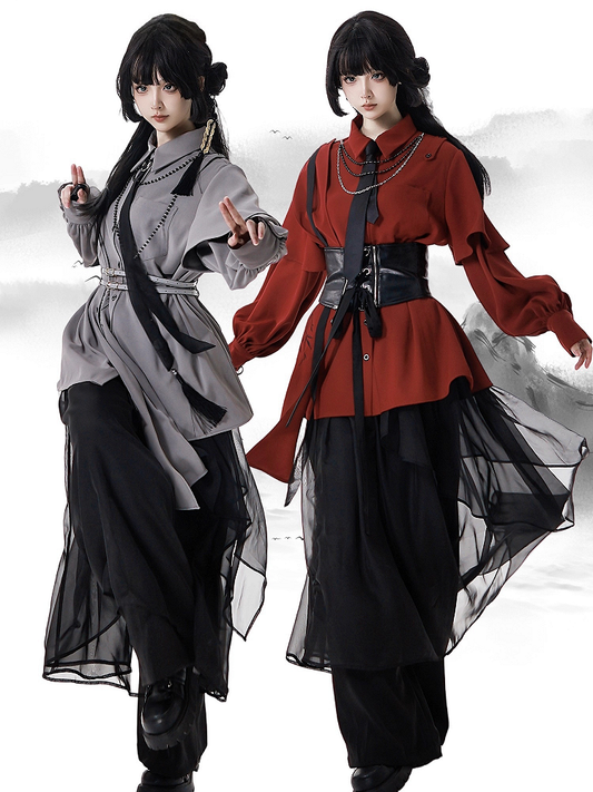 Black Loose Fit Pants with Draping Chiffon Overlay