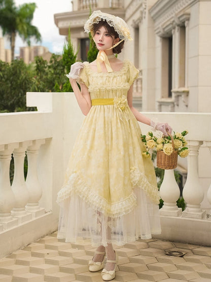 Butterfly and Bows Print Light Yellow Versatile Neckline High Waist Lolita Dress