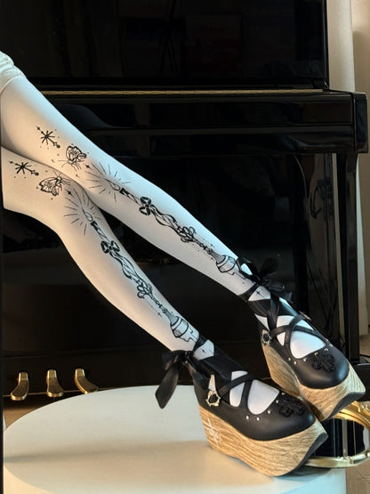 Butterfly and Candelabra Print Gothic Lolita White Tights