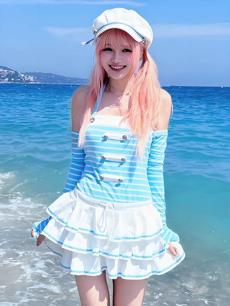 Blue Striped Pattern Navycore Self-tie Halter Dress Tiered Skirt with Free Armwear