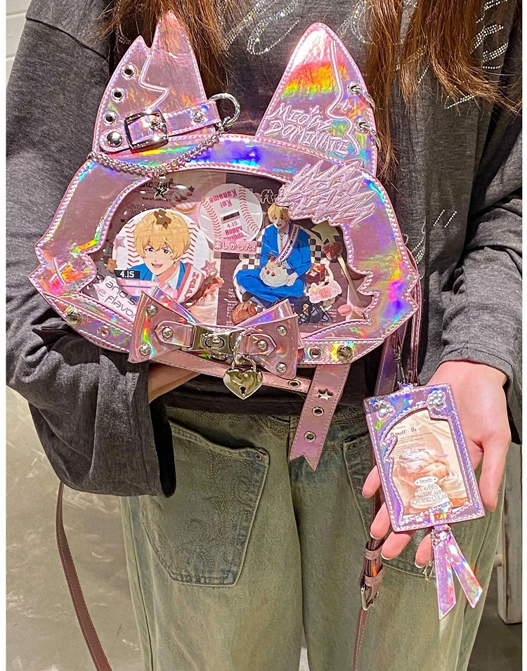 Kitty Ear Design Bowknot Studs Detail Pink PU Tote Ita Bag with Free Card Holder