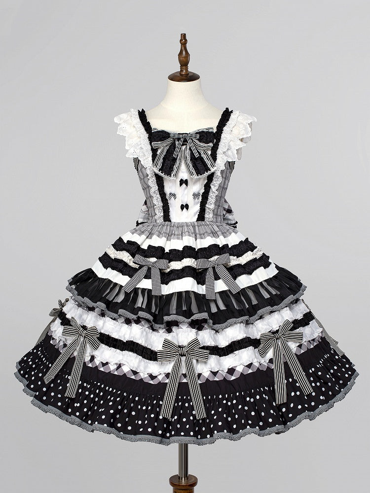 Black and White Oreo Cake Bow Accents Tiered Skirt Sweet Lolita Dress