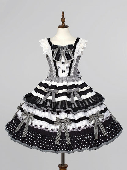 Black and White Oreo Cake Bow Accents Tiered Skirt Sweet Lolita Dress
