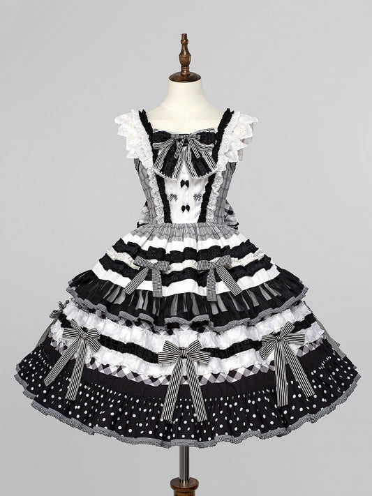 Black and White Oreo Cake Bow Accents Tiered Skirt Sweet Lolita Dress
