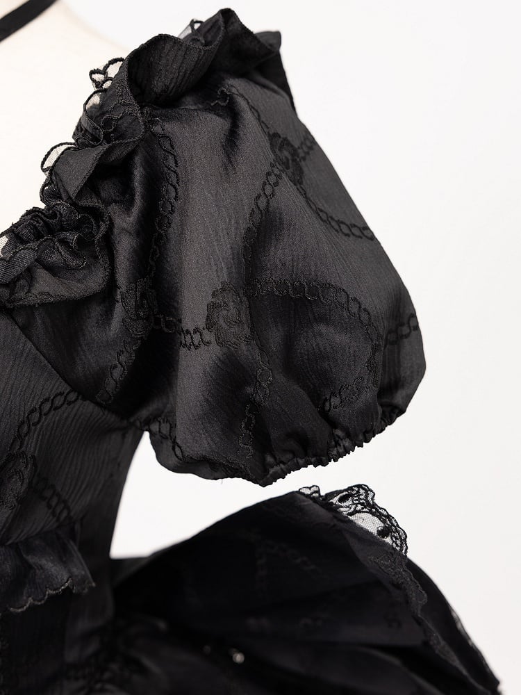 Black Princess Corset Waist Dress Ruffle Skirt Lolita OP with Big Bow at Back