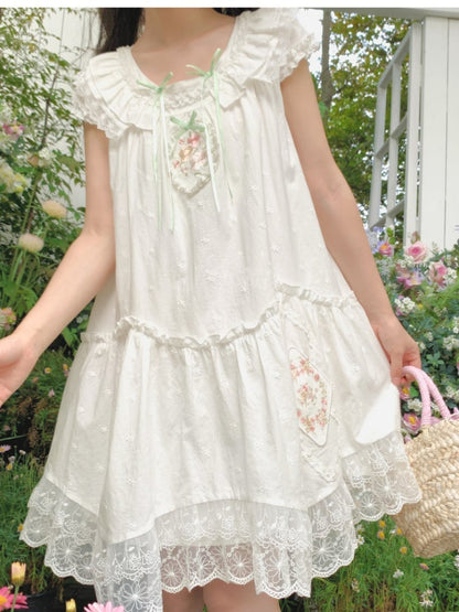 White Floral Embroidery Lace Trim Mori Kei Dress