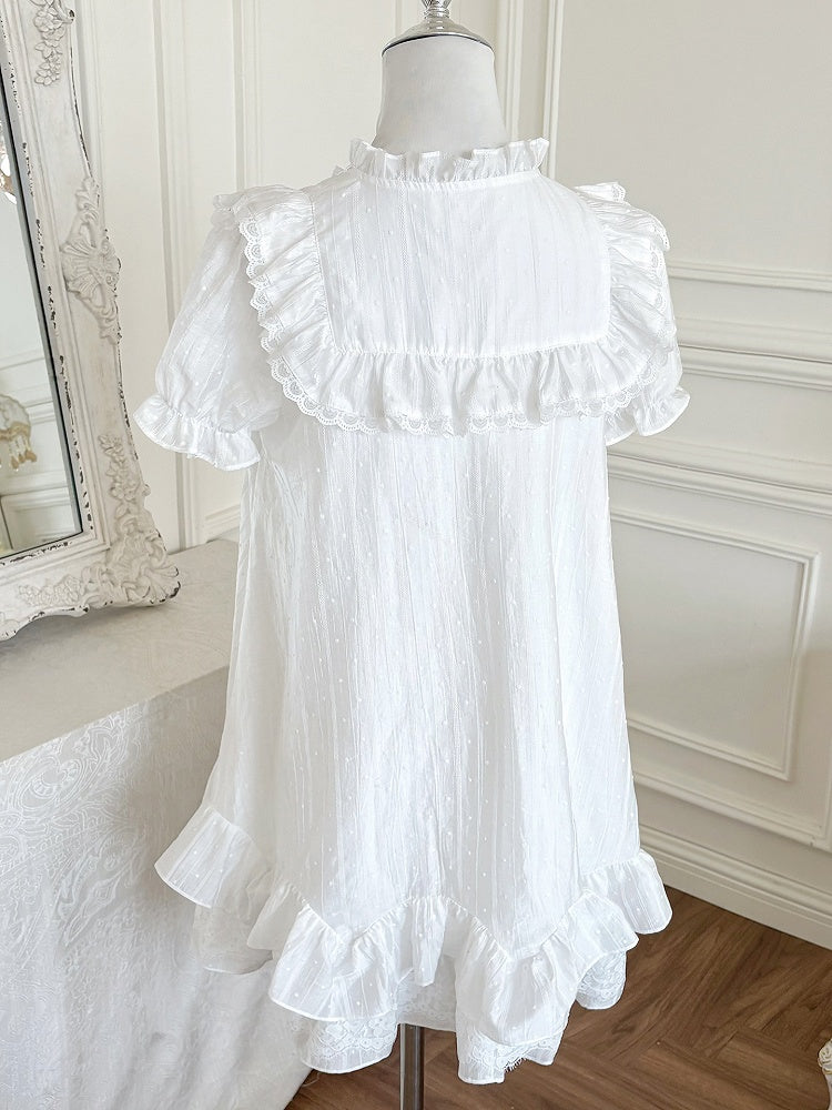 White Ruffle Neckline Lace Trim Puff Sleeves Dress with Blue Bowtie and Waist Belt
