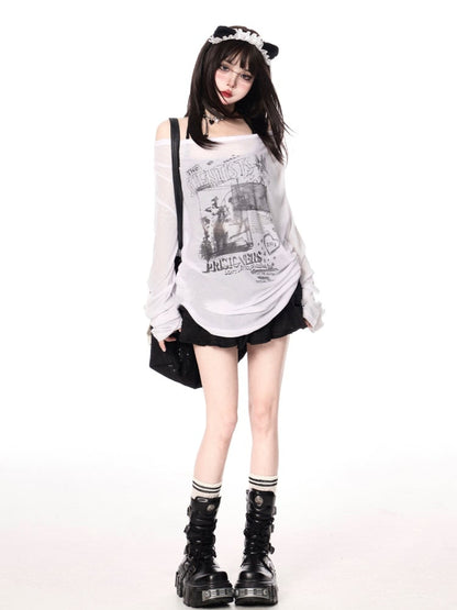 Off-the-shoulder Neckline White/Gray Semi-sheer Graphic Coverup