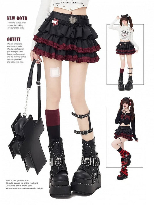 Ruffle Hem Black Punk Tiered Skirt with Free Waist Belt