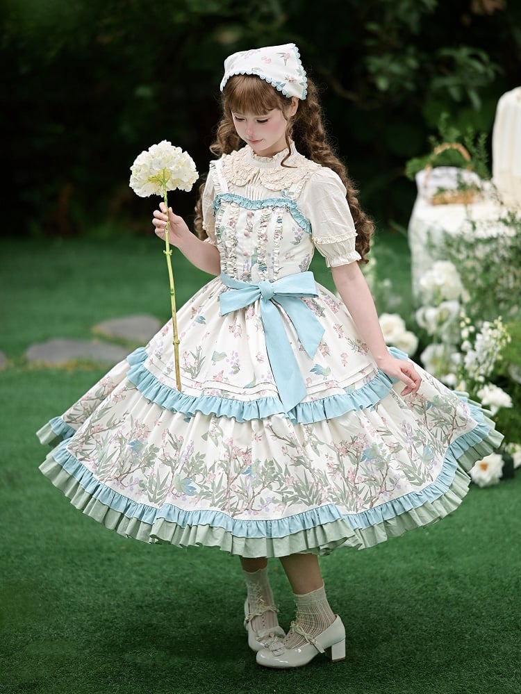 Natural Kei Floral and Bird Print Lolita Jumper Skirt with Waist Belt