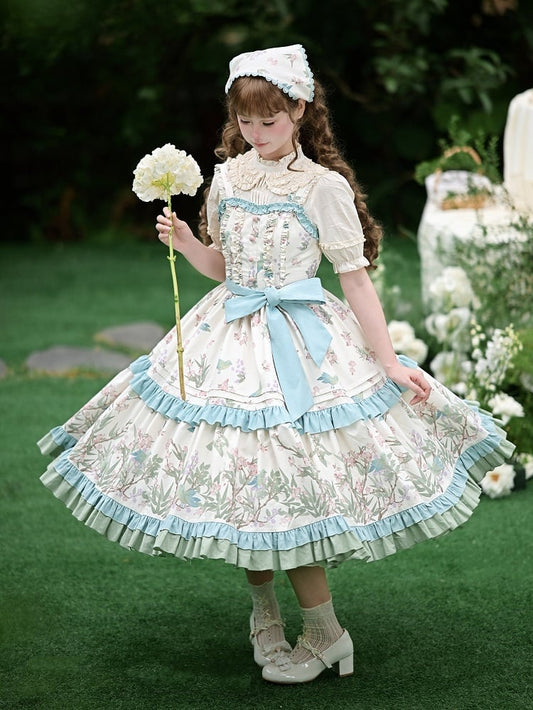 Natural Kei Floral and Bird Print Lolita Jumper Skirt with Waist Belt