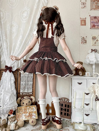 Chocolate Brown Polka-dot Pattern Old School Lolita Overall Dress