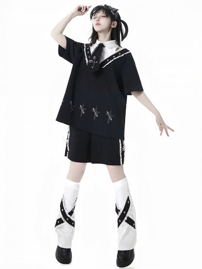 Black Shirt Collar Pin Cross Print T-Shirt with Free Tie