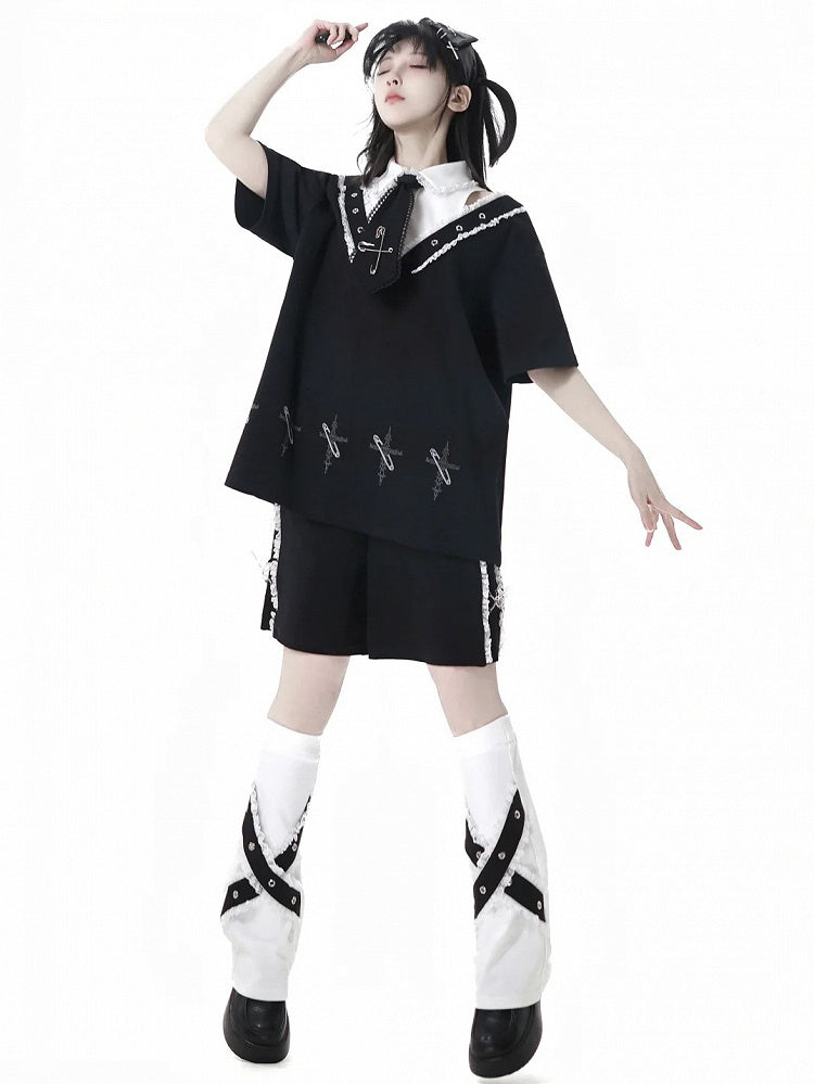 Black Shirt Collar Pin Cross Print T-Shirt with Free Tie