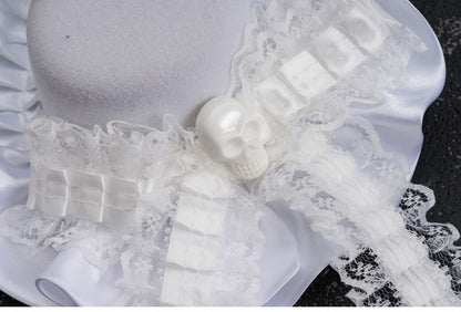 White Gothic Skeleton Lace Bow Ruffle Hem Hat Hairclip