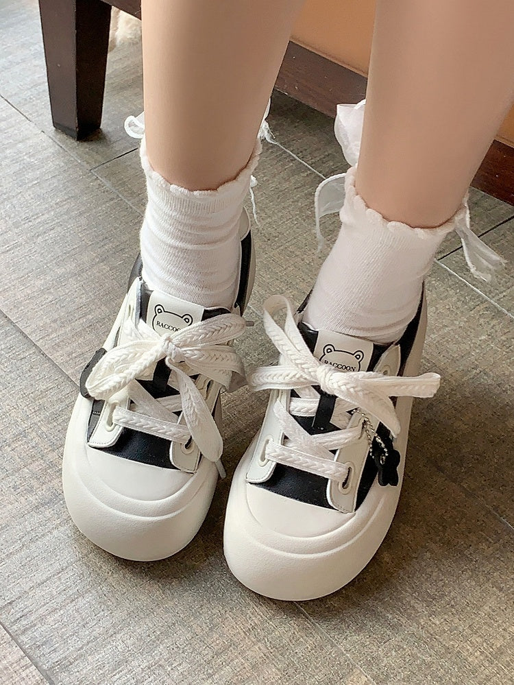 Black Daily Kawaii Shoes - White Platform Sole, Star & Bear Patchwork Design