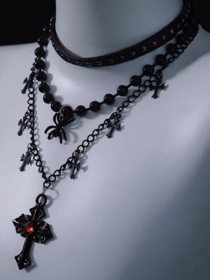 Spider and Cross Pendant Black Gothic Triple Layered Necklace